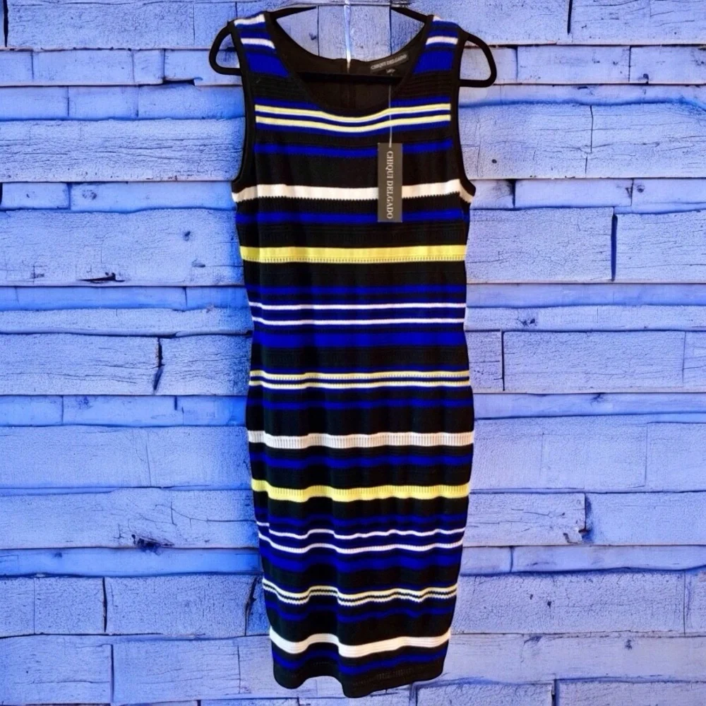 Black Striped Bodycon Dress Large Colorful Designer  NWT - Picture 5 of 7